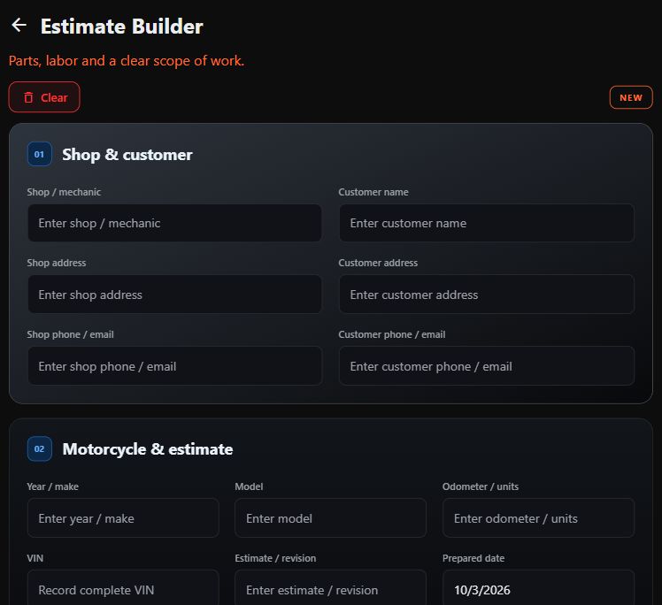Actual Estimate Builder form showing shop, customer and motorcycle sections
